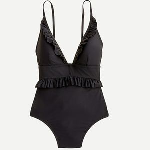 J. Crew Ruffle Deep-V One-Piece Swimsuit in Black